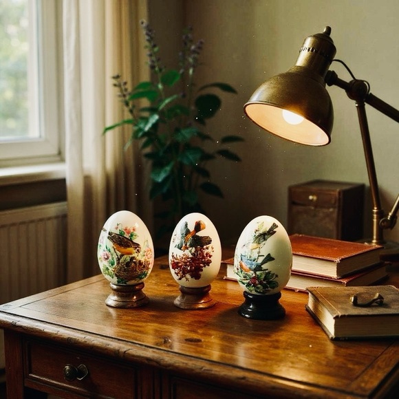 Avon Seasons Porcelain Eggs Birds Wooden Stands 1984 set of 3 - Picture 3 of 12